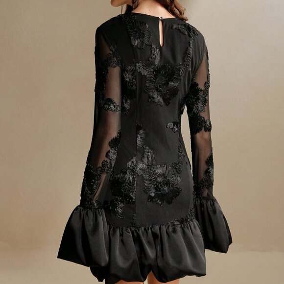 Black Elegant Women's French Embroidery Fitted Floral Sheath Dress - Picture 2 of 6